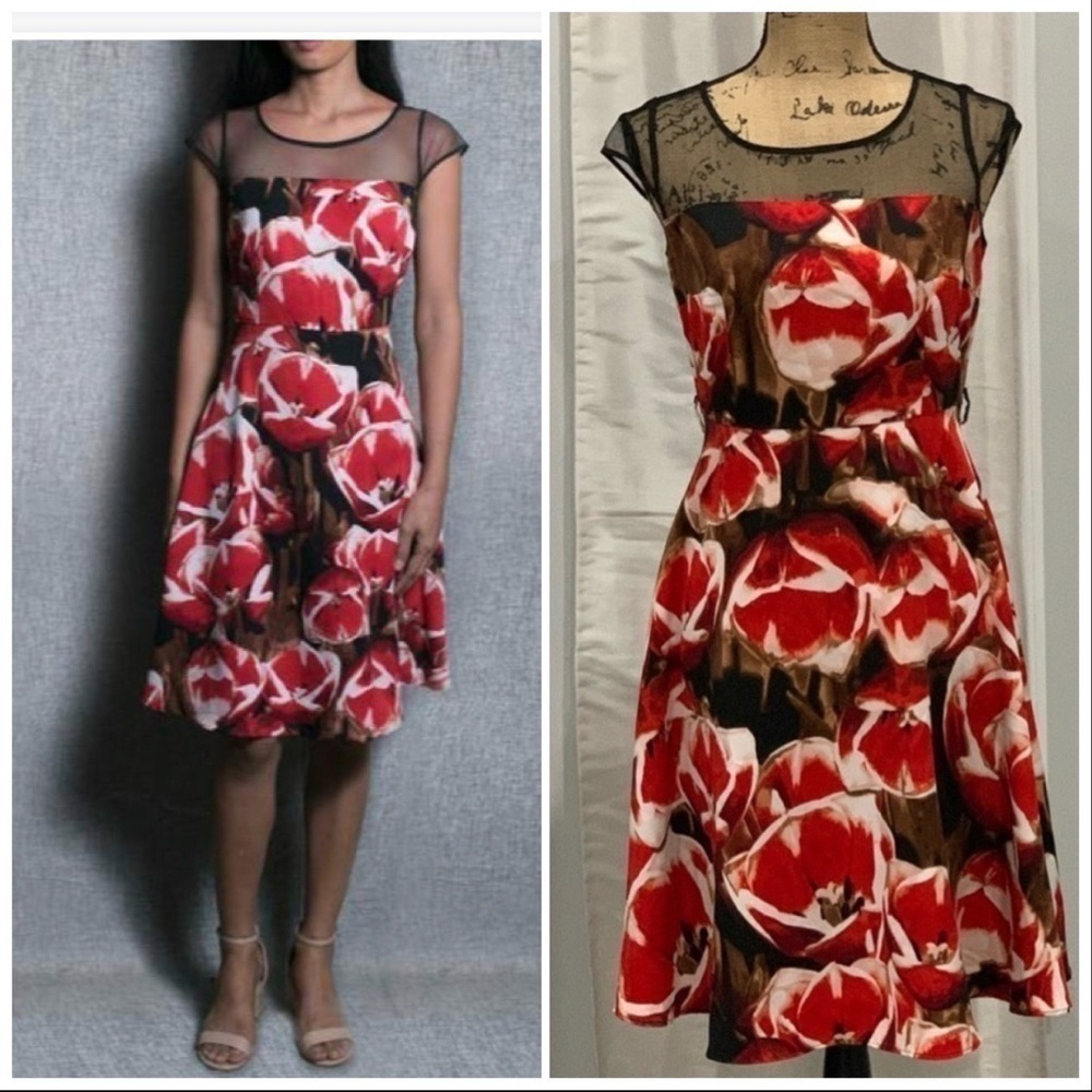 Liz Claiborne bold print red white dress size 4 shirt sleeve mesh bodice